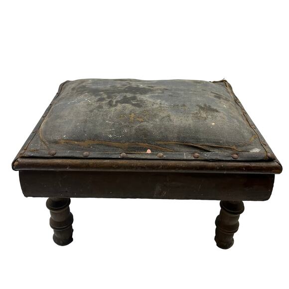 Vintage Primitive MCM Leather Craftsman Style Foot Stool Seat DISTRESSED - Picture 2 of 15